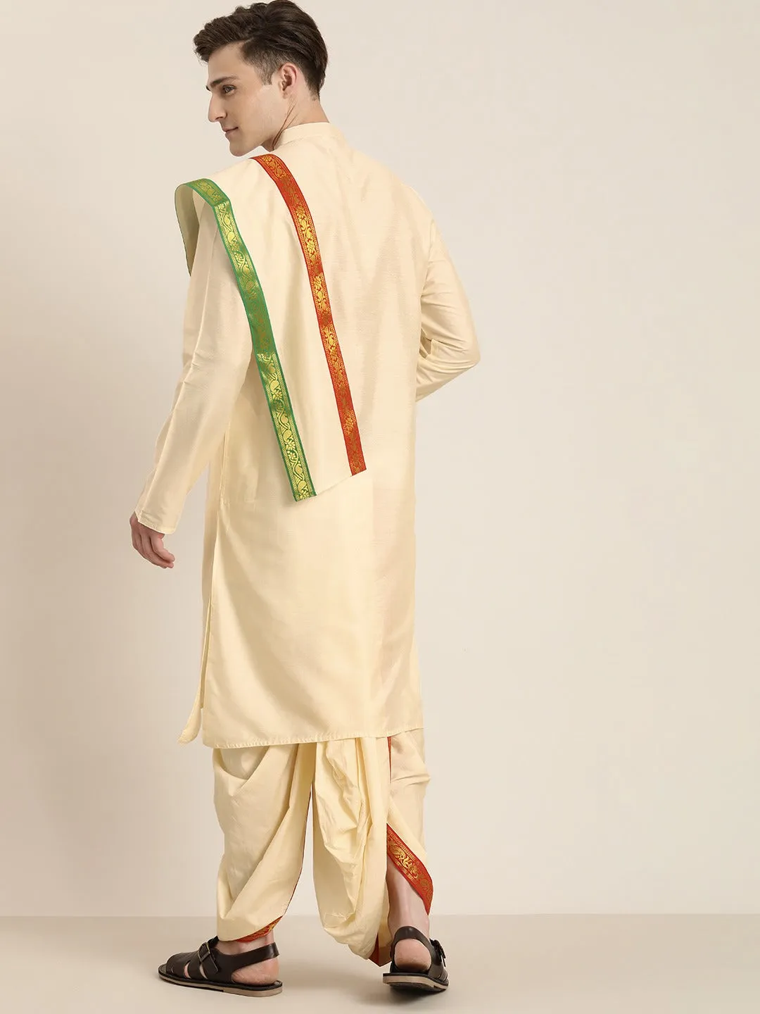 Jashvi Men's Cream Cotton Blend Kurta Dhoti And Dupatta Set