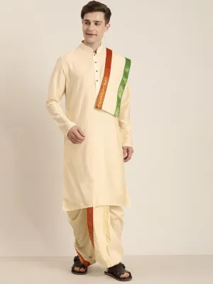 Jashvi Men's Cream Cotton Blend Kurta Dhoti And Dupatta Set