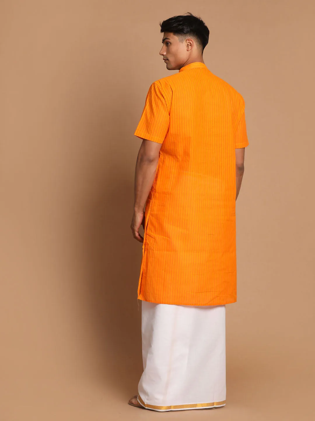 Jashvi Men's Orange Striped Cotton Kurta And Mundu Set