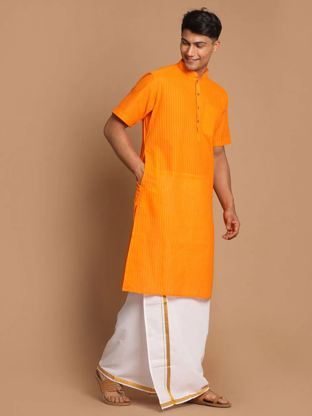 Jashvi Men's Orange Striped Cotton Kurta And Mundu Set