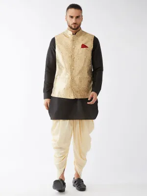 Jashvi Men's Rose Gold Banarasi Jacket With Black Silk Kurta and Gold Dhoti Set