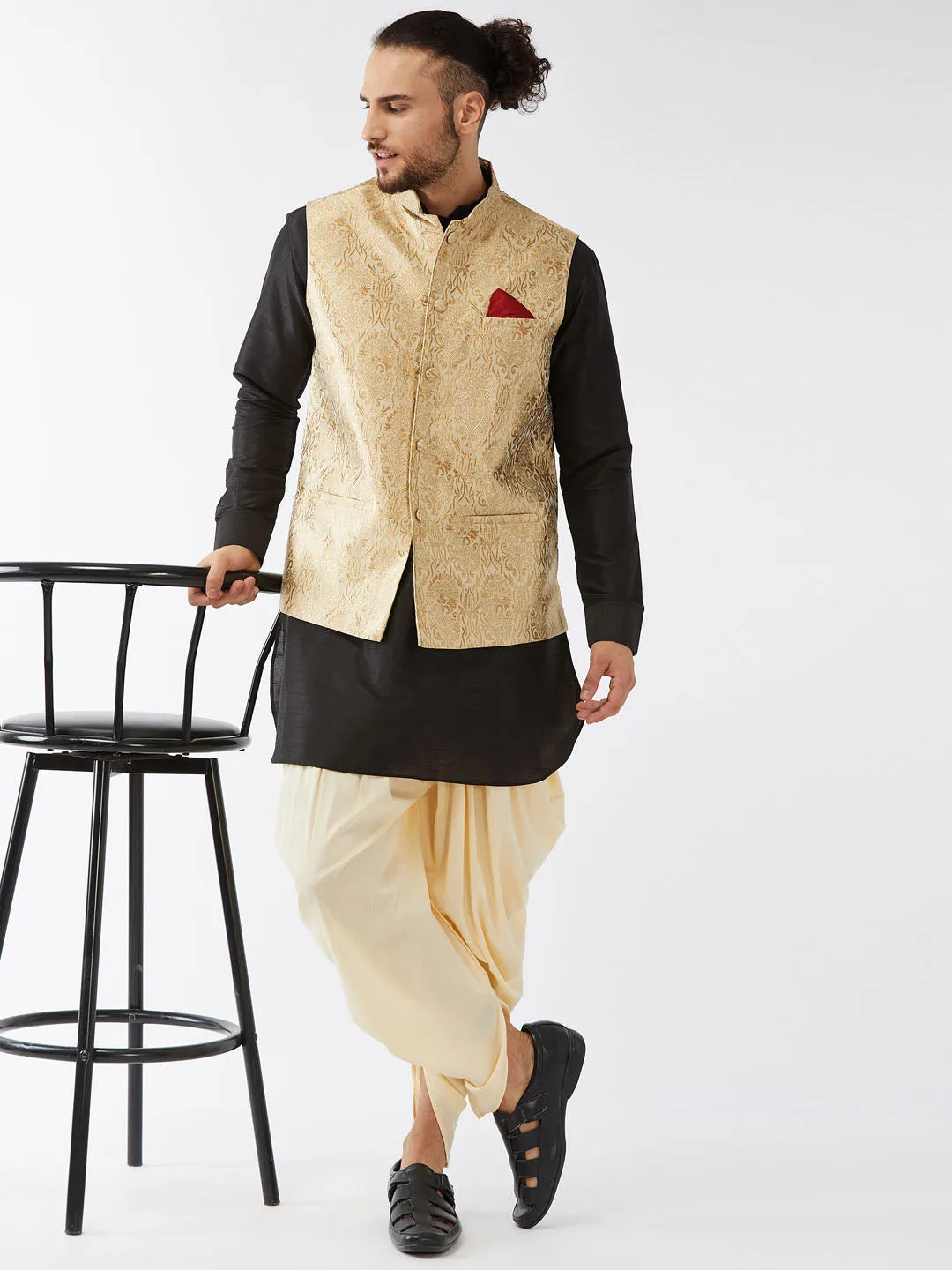 Jashvi Men's Rose Gold Banarasi Jacket With Black Silk Kurta and Gold Dhoti Set