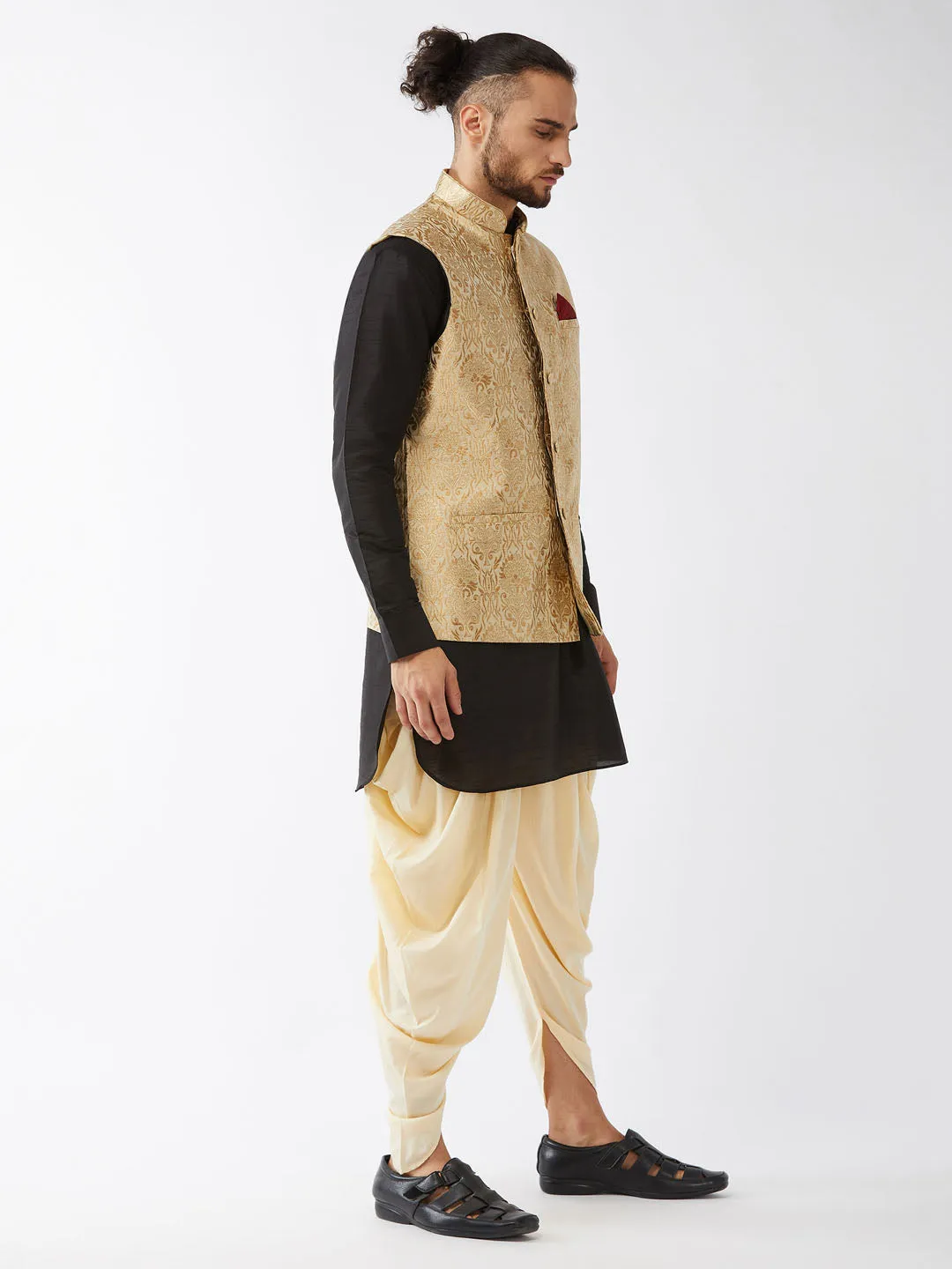 Jashvi Men's Rose Gold Banarasi Jacket With Black Silk Kurta and Gold Dhoti Set