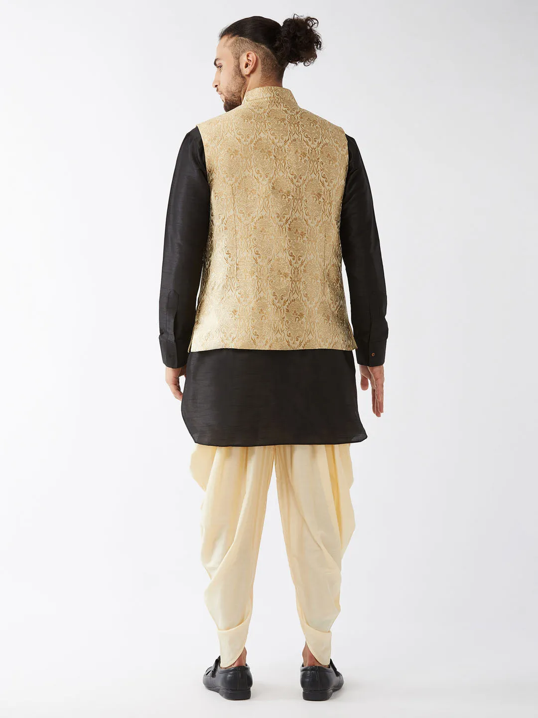 Jashvi Men's Rose Gold Banarasi Jacket With Black Silk Kurta and Gold Dhoti Set