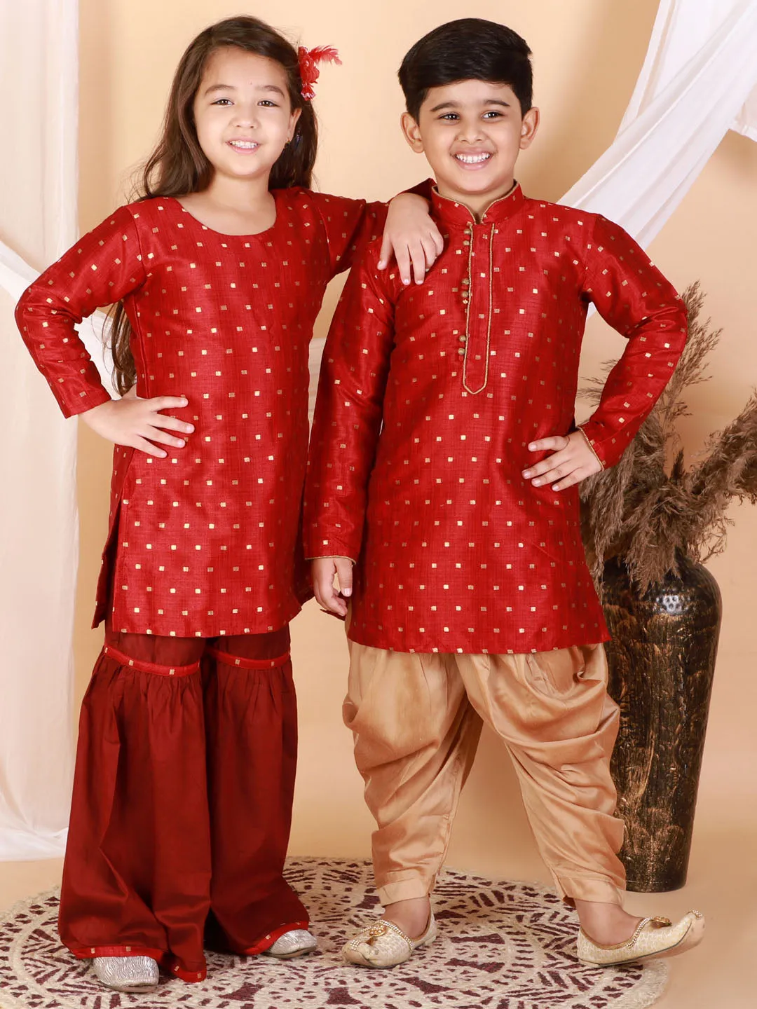 Jashvi Silk Blend Maroon Woven Sibling Set