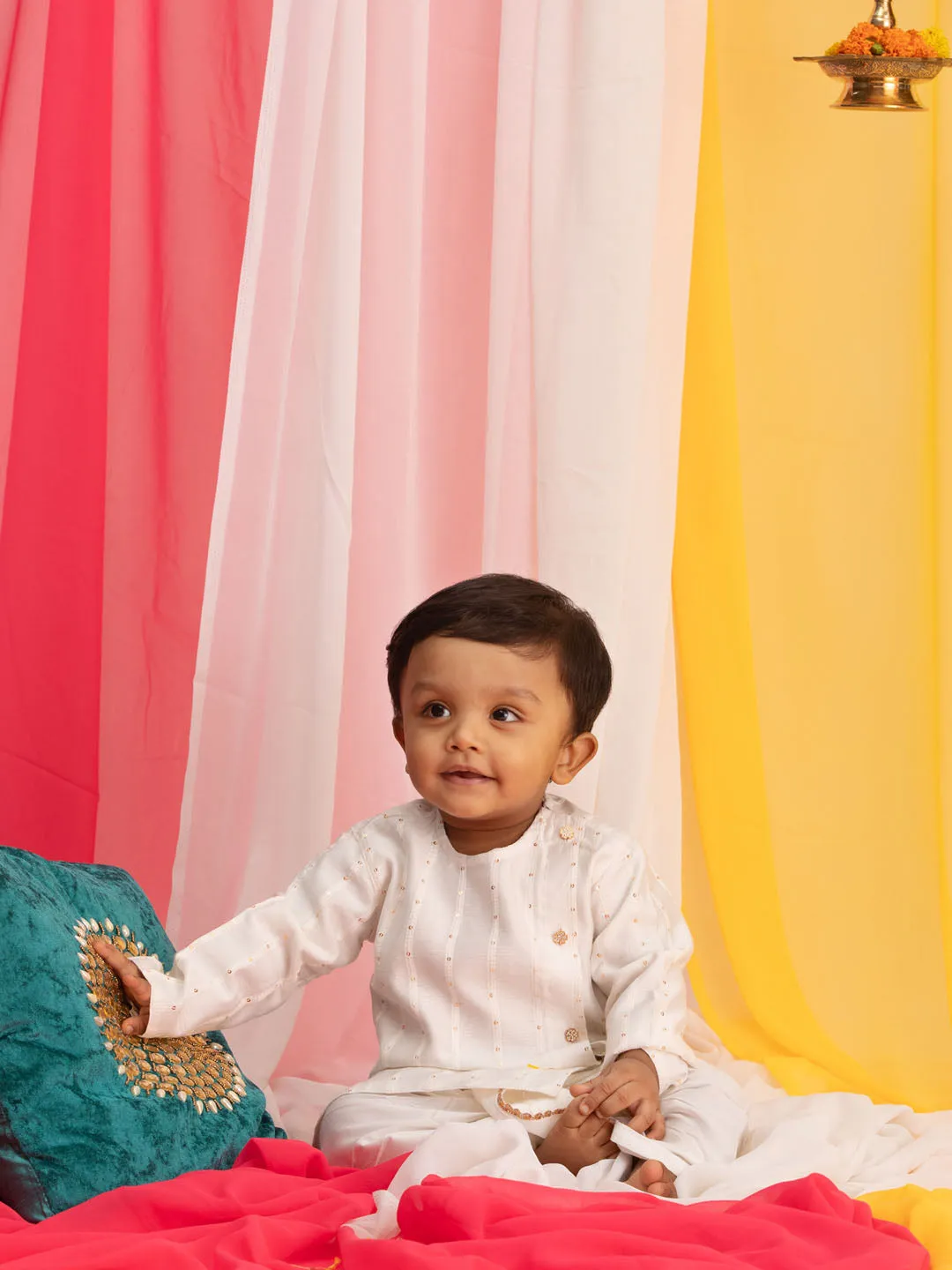 Jashvi SISHU Boy's White Embellished Angrakha Kurta Dhoti Set