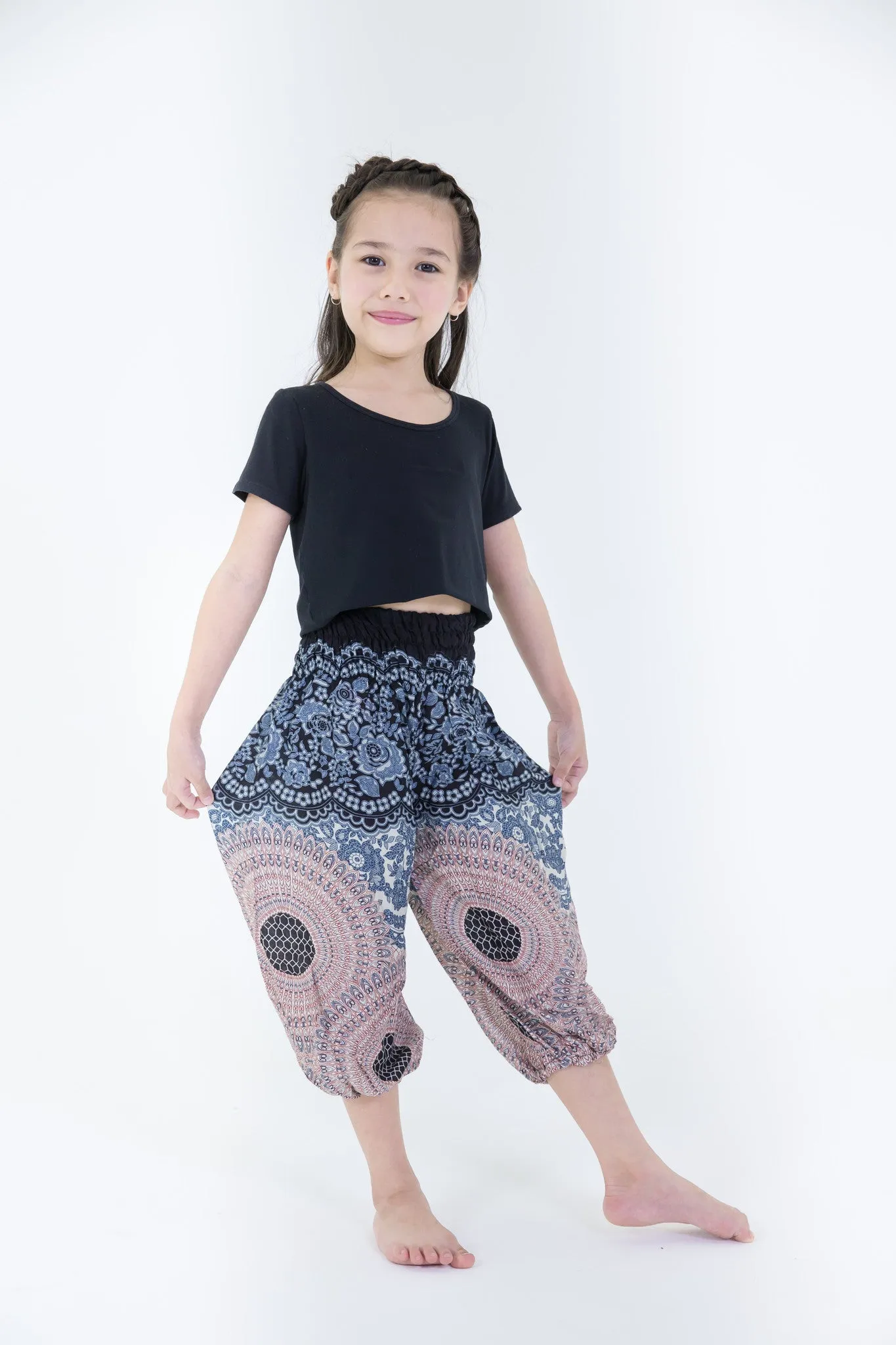 Kids Geometric Mandalas Harem Pants in Silver Gray