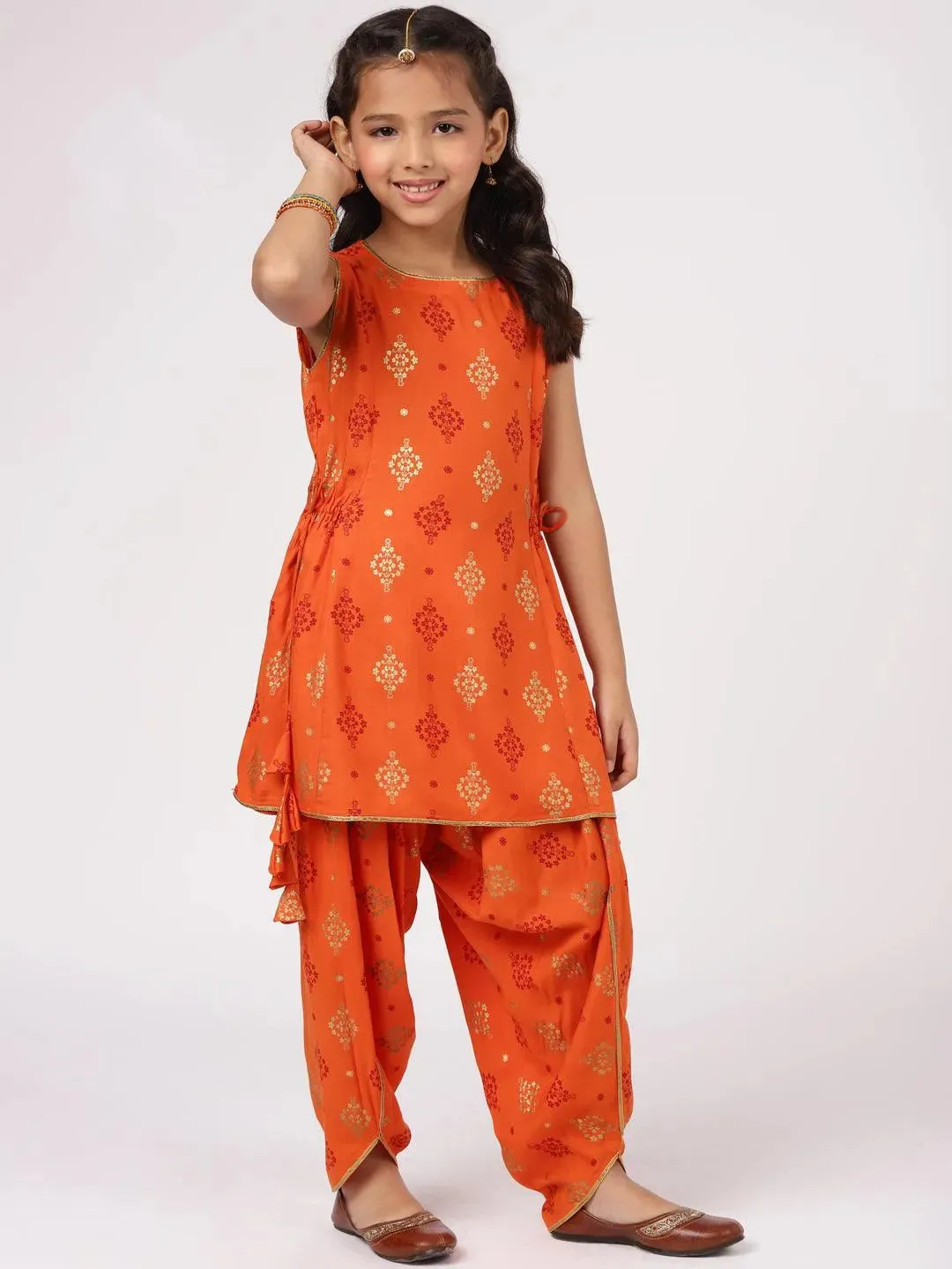 Kids Orange Printed Rayon Straight Kurta With Salwar & Dupatta