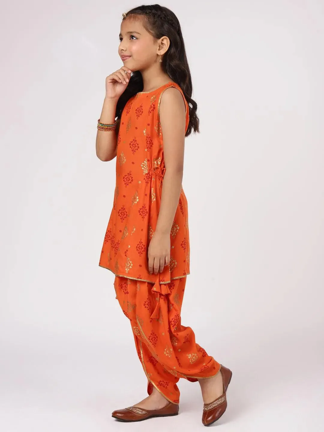 Kids Orange Printed Rayon Straight Kurta With Salwar & Dupatta