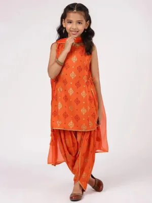 Kids Orange Printed Rayon Straight Kurta With Salwar & Dupatta