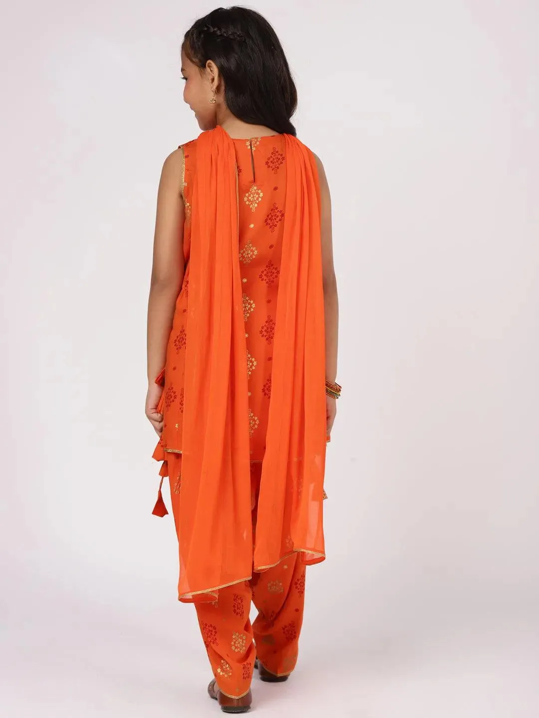 Kids Orange Printed Rayon Straight Kurta With Salwar & Dupatta