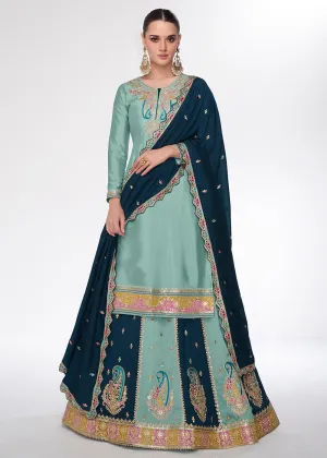 Light Turquoise Embroidred Wedding Lehenga Kurti Set