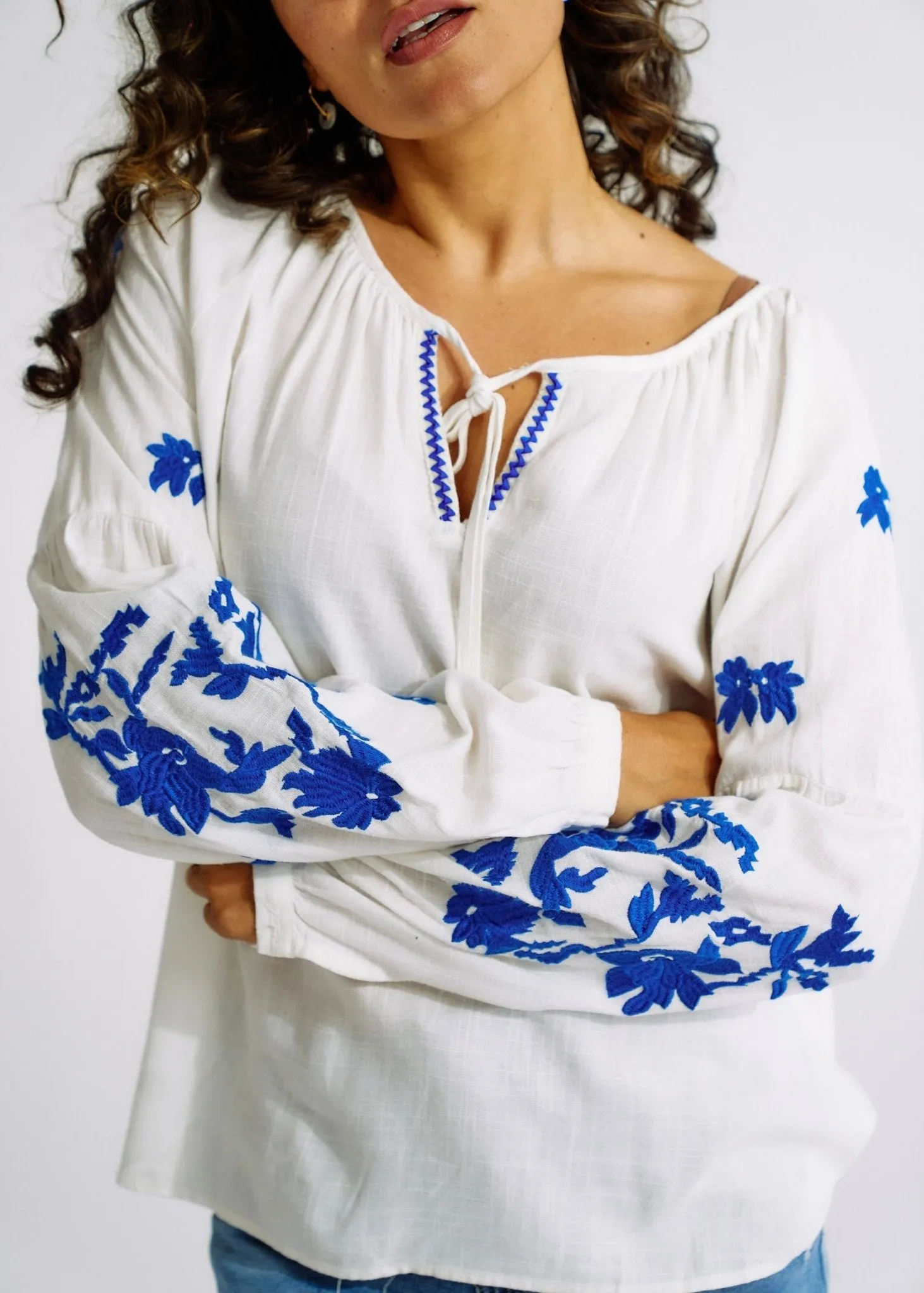 Linen Blend Peasant Blouse with Navy Embroidery