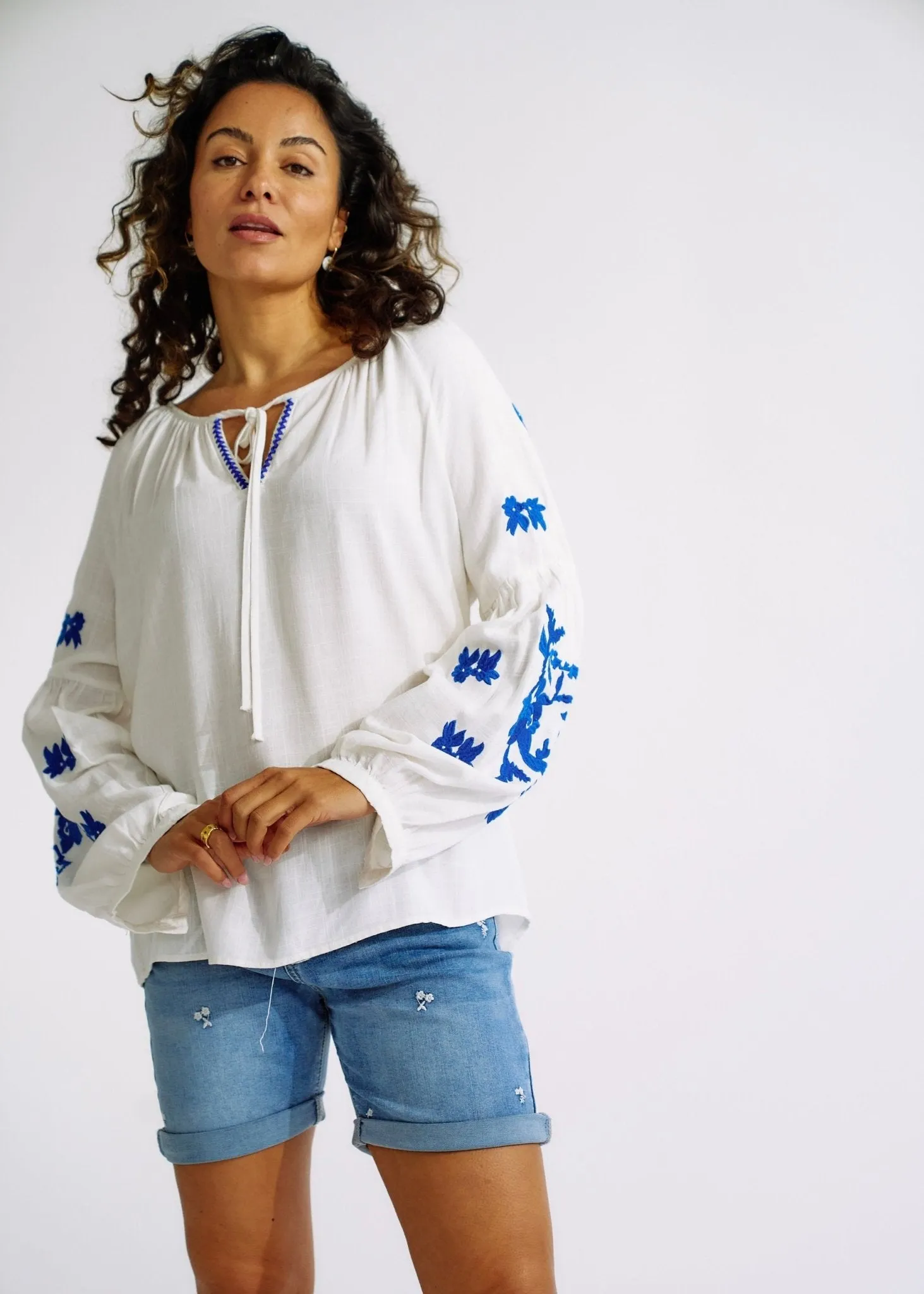 Linen Blend Peasant Blouse with Navy Embroidery