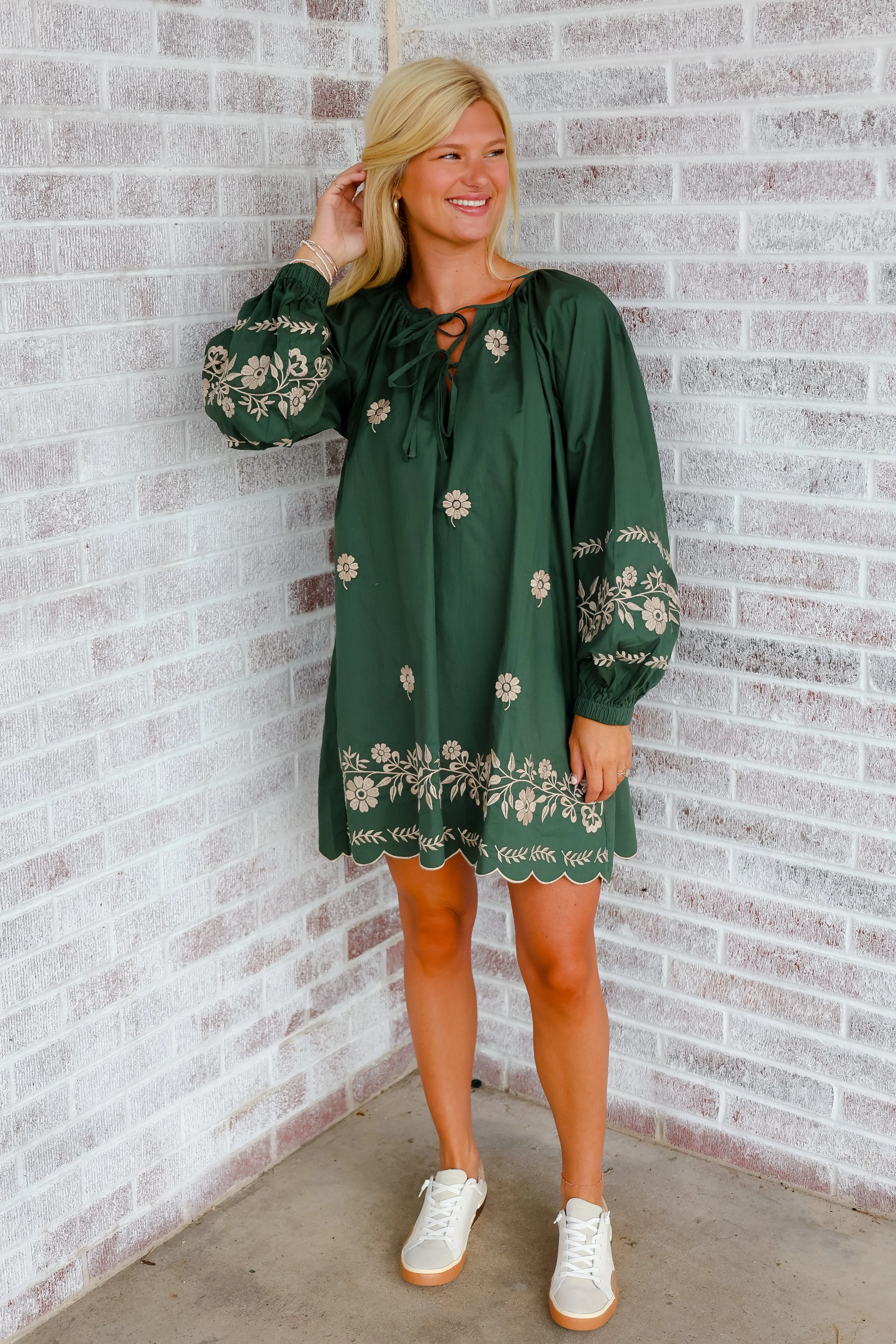 Live Fearlessly Embroidered Peasant Mini Dress