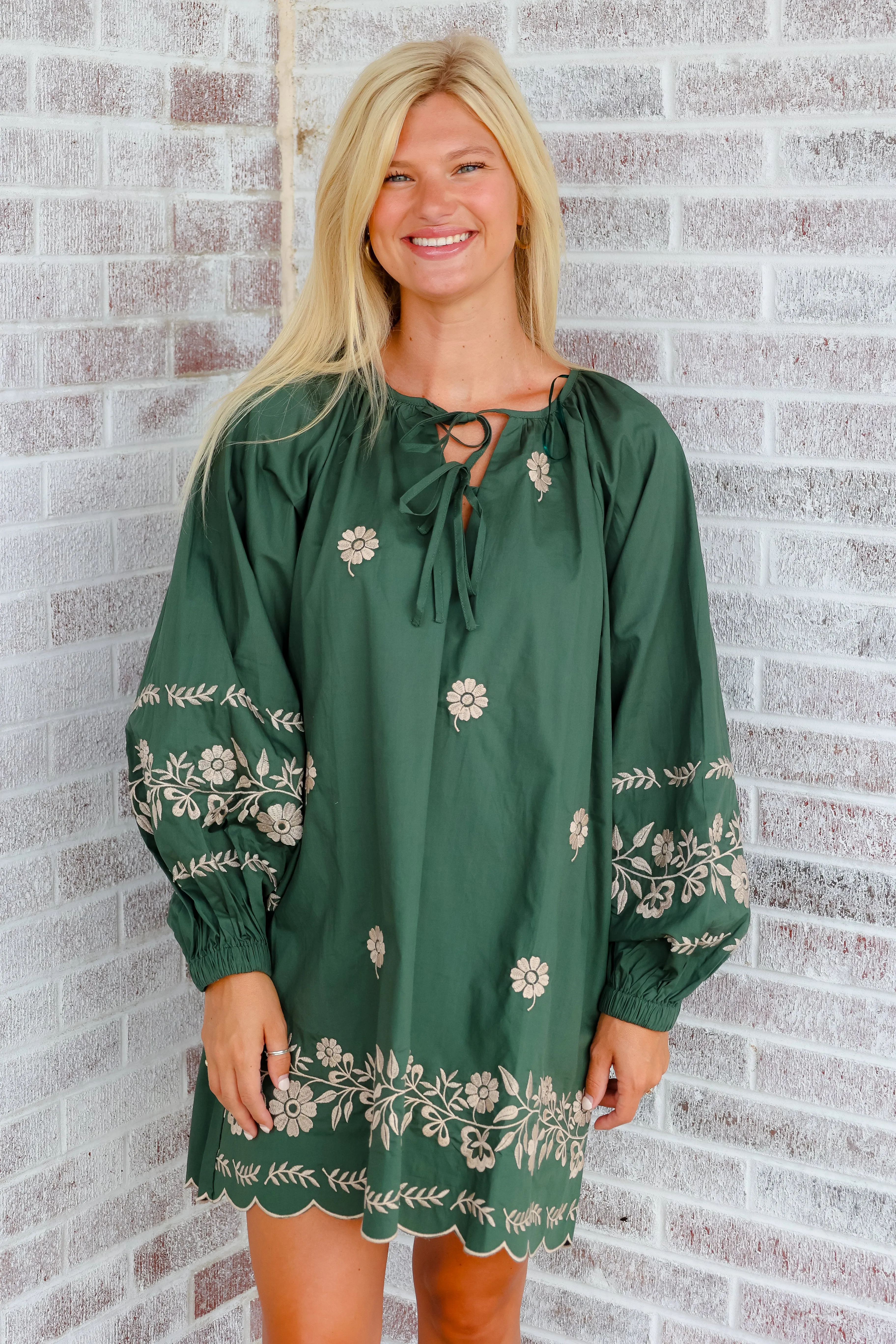 Live Fearlessly Embroidered Peasant Mini Dress