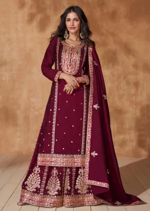 Lovely Wine Premium Silk Designer Palazzo Style Suit