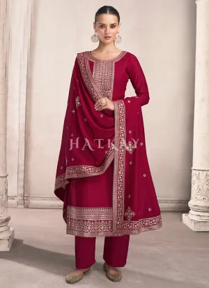 Magenta Golden Embroidered Silk Salwar Kameez