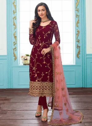 Maroon And Peach Embroidered Indian Churidar Suit