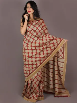 Maroon Beige Bagru Hand Block Printed in Natural Vegetable Colors Chanderi Saree With Geecha Border - S03170315