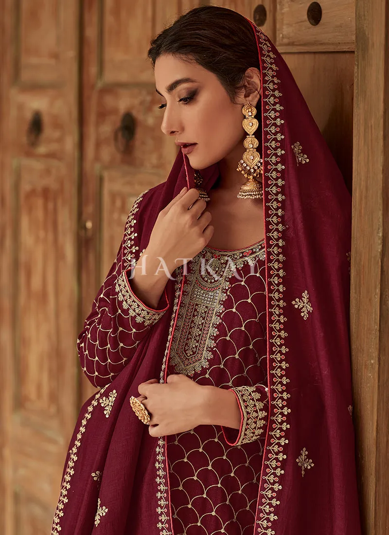 Maroon Embroidery Traditional Silk Salwar Kameez