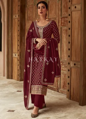 Maroon Embroidery Traditional Silk Salwar Kameez