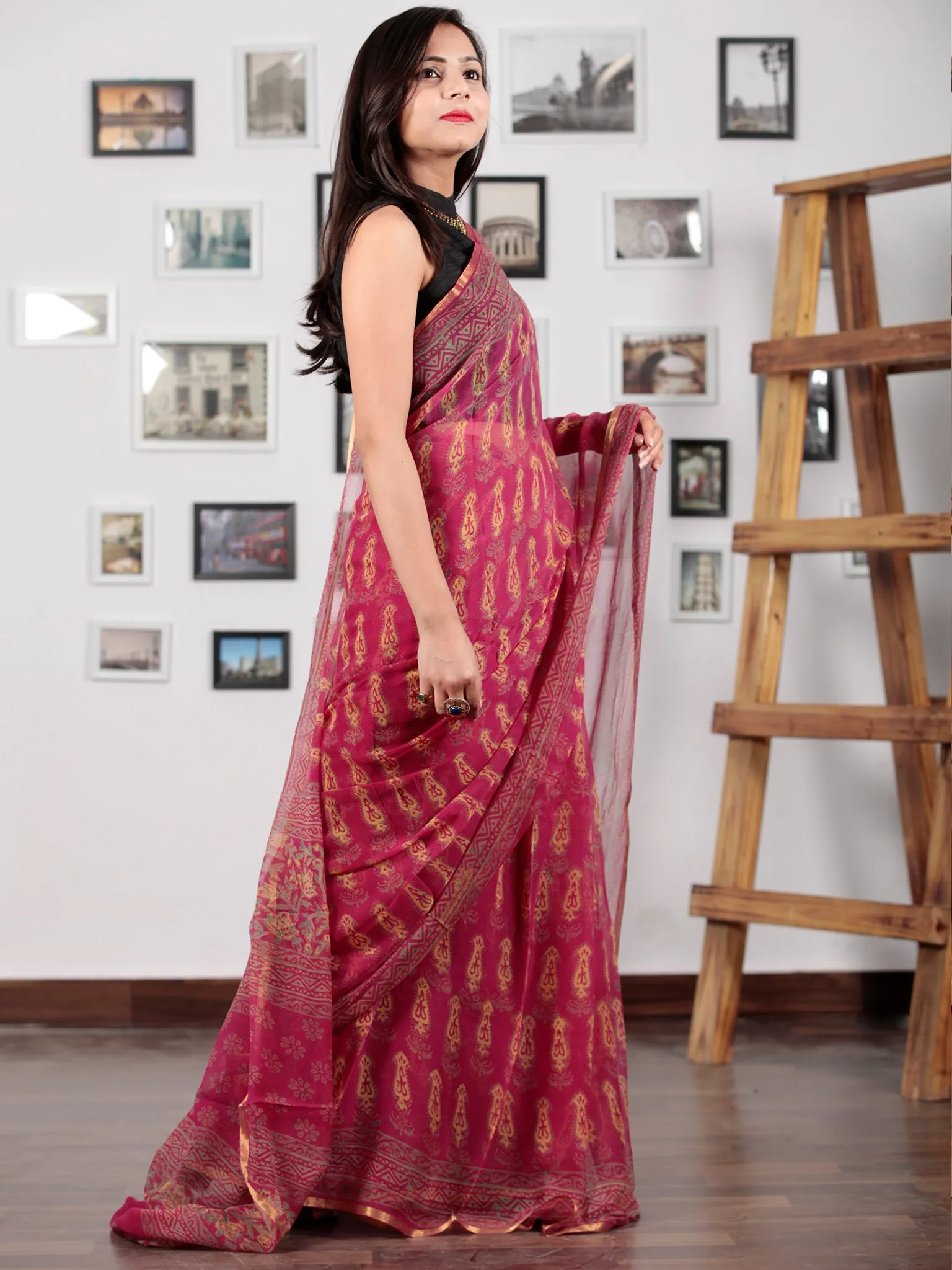 Maroon Green Yellow Hand Block Printed Chiffon Saree with Zari Border - S031702743