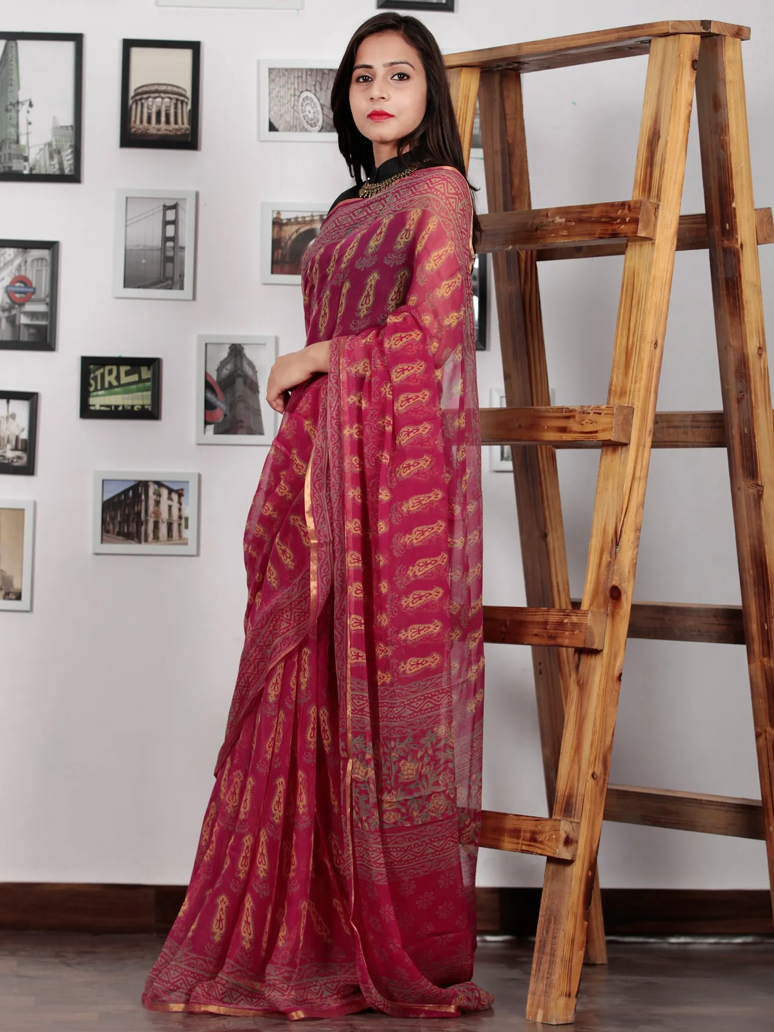 Maroon Green Yellow Hand Block Printed Chiffon Saree with Zari Border - S031702743