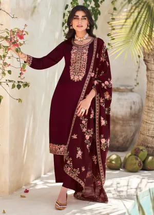 Maroon Premium Silk Thread Embroidered Trendy Salwar Suit