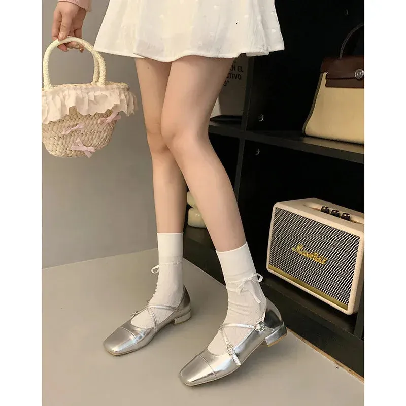 Medium Heeled Mary Jane Single Shoes  Women Shoes Retro Thick Heeled Ballet Shoes Cross Buckle Shallow Soft Sole Shoes 240607