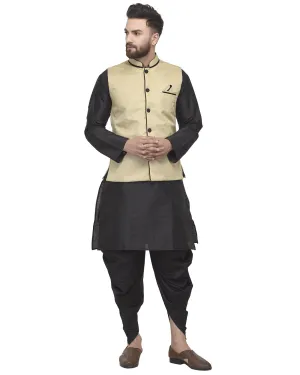 Men's Black Kurta With Dhoti & Beige Solid Nehru Jacket - Benstoke