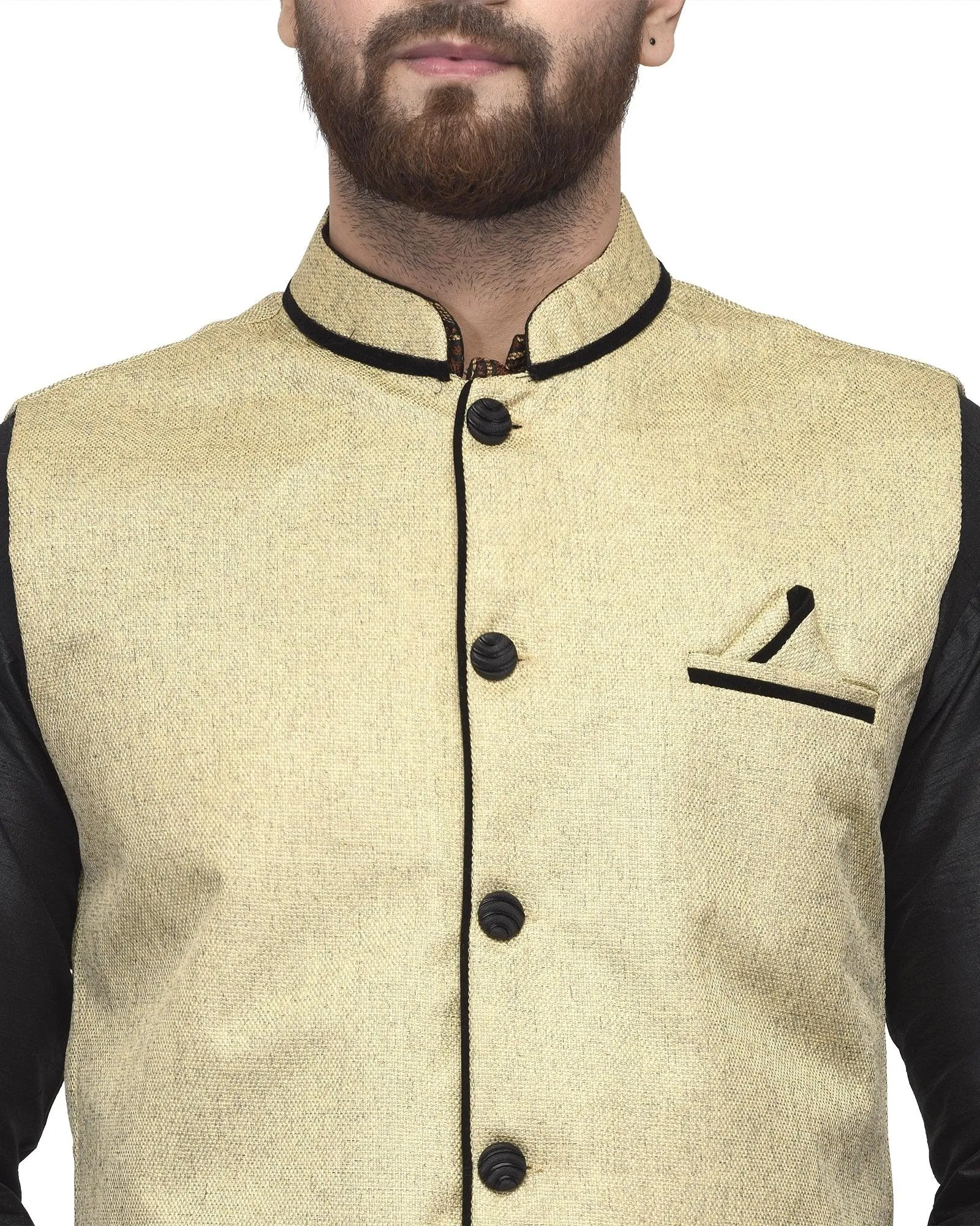 Men's Black Kurta With Dhoti & Beige Solid Nehru Jacket - Benstoke