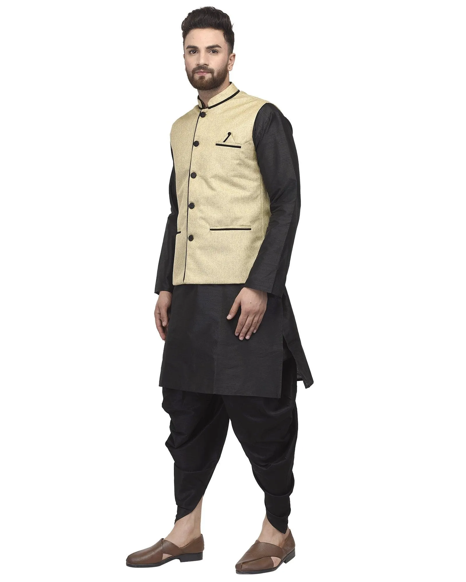 Men's Black Kurta With Dhoti & Beige Solid Nehru Jacket - Benstoke