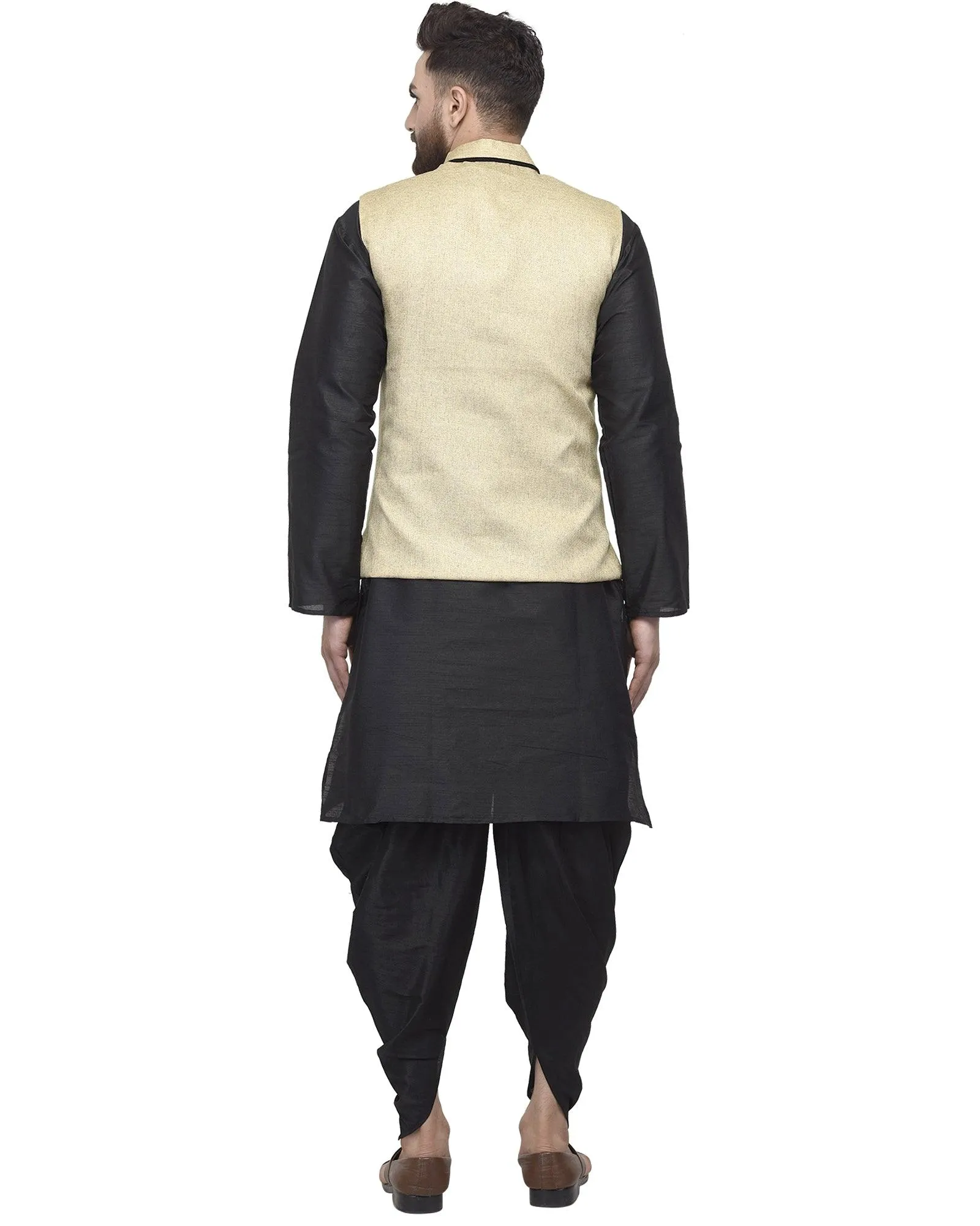 Men's Black Kurta With Dhoti & Beige Solid Nehru Jacket - Benstoke