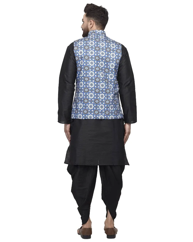 Men's Black Kurta With Dhoti & Blue Printed Nehru Jacket - Benstoke