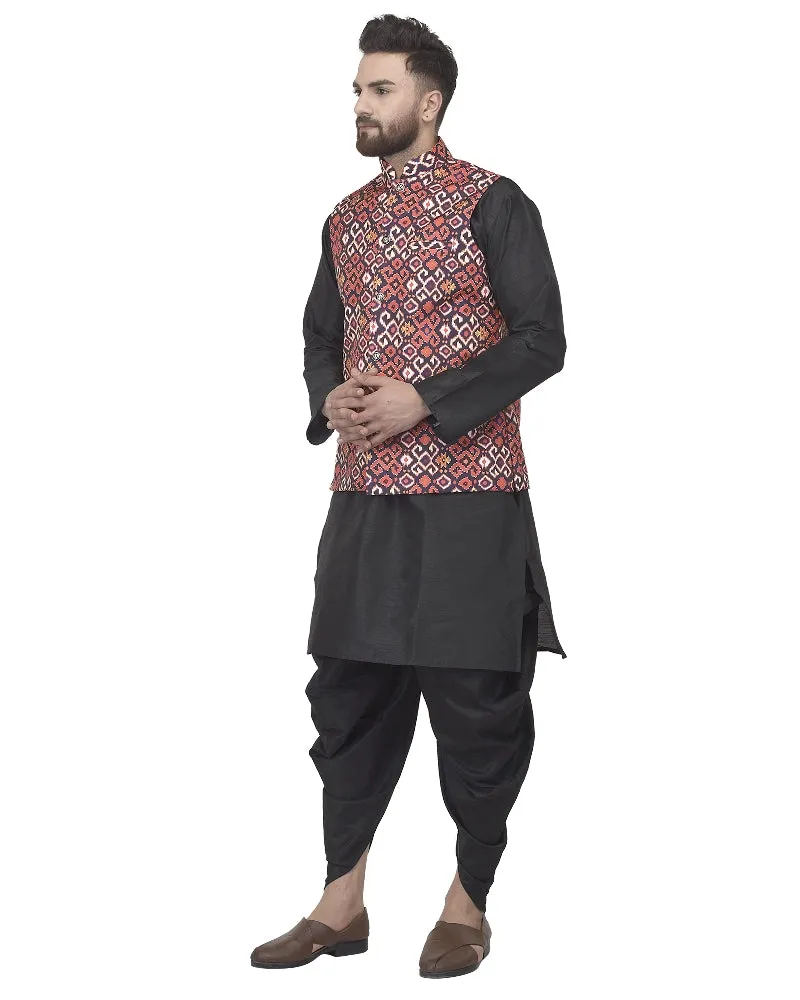 Men's Black Kurta With Dhoti & Navy Blue Printed Nehru Jacket - Benstoke