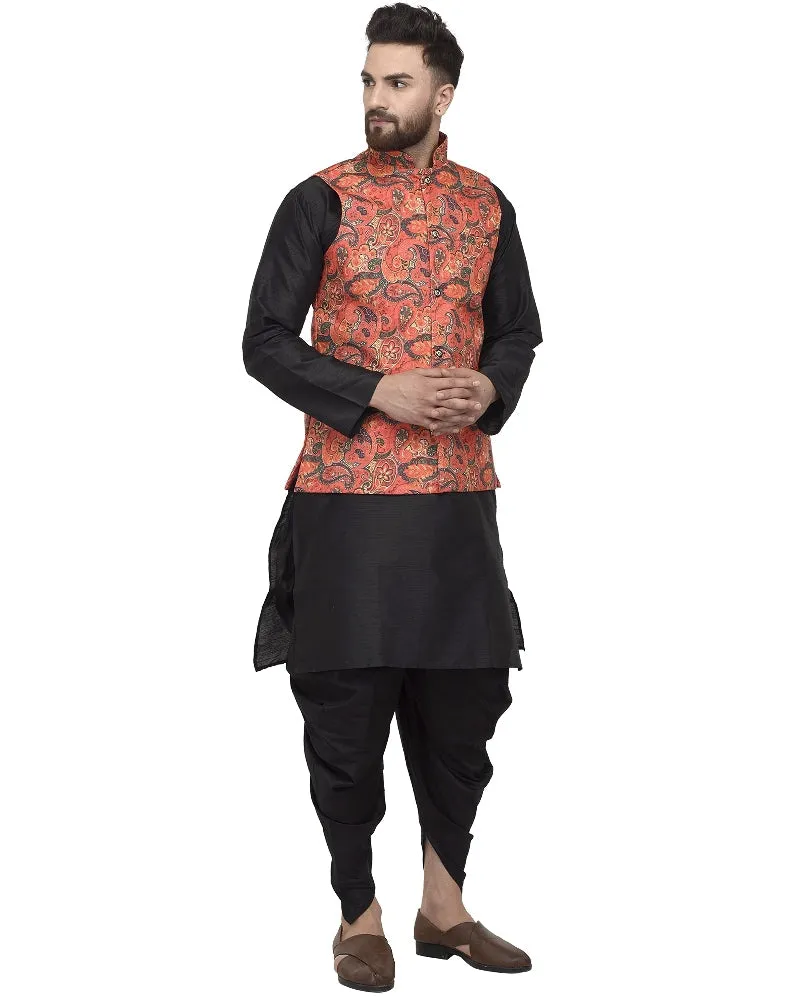 Men's Black Kurta With Dhoti & Orange Printed Nehru Jacket - Benstoke