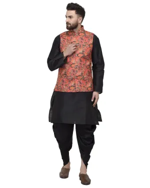 Men's Black Kurta With Dhoti & Orange Printed Nehru Jacket - Benstoke