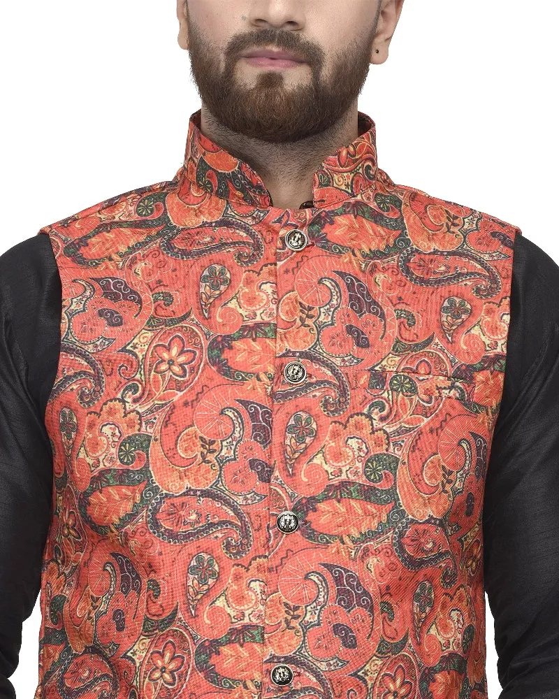 Men's Black Kurta With Dhoti & Orange Printed Nehru Jacket - Benstoke