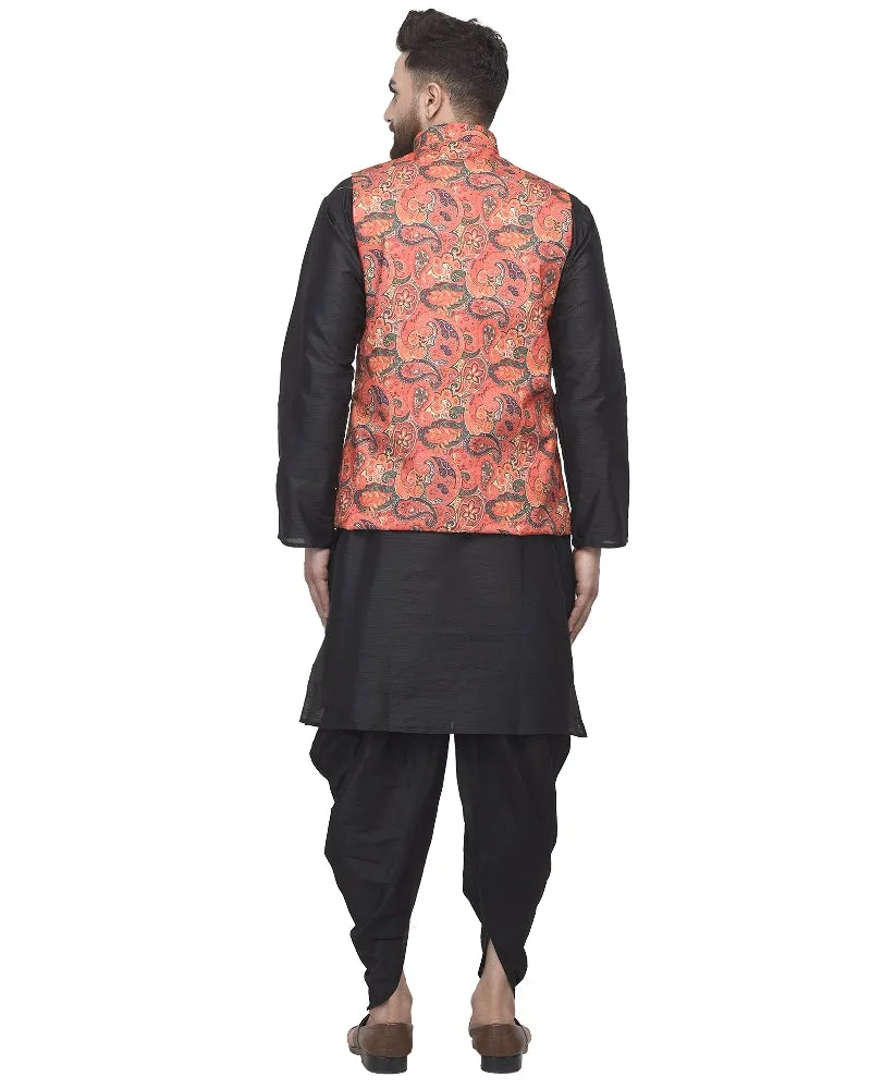 Men's Black Kurta With Dhoti & Orange Printed Nehru Jacket - Benstoke