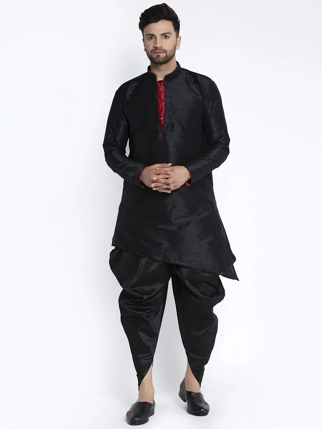 Men's Black Solid Kurta With Dhoti Pant - Benstoke