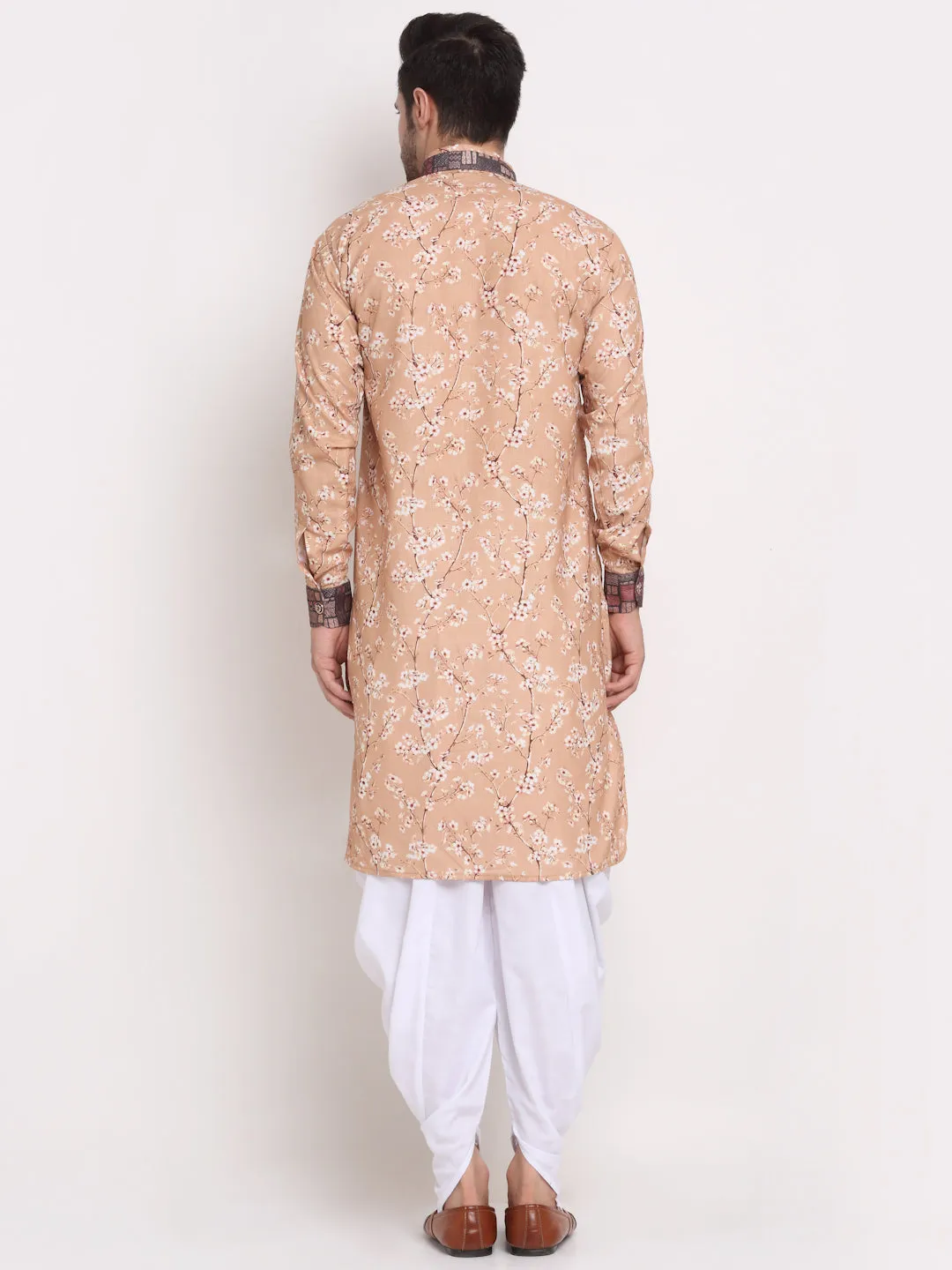 Men's Fawn & Multi Printed Kurta With White Dhoti Pant - Benstoke