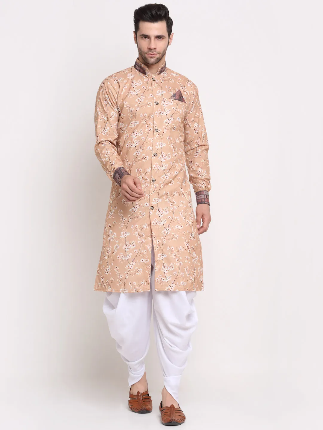 Men's Fawn & Multi Printed Kurta With White Dhoti Pant - Benstoke