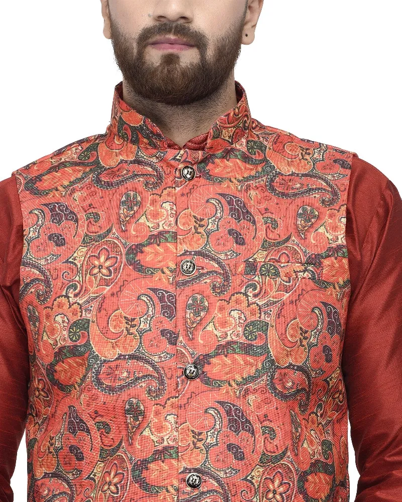 Men's Maroon Kurta With Dhoti & Orange Printed Nehru Jacket - Benstoke