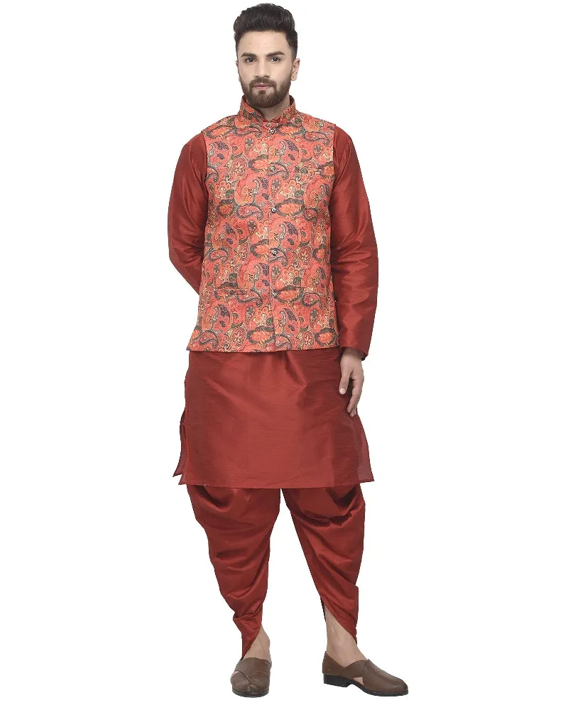 Men's Maroon Kurta With Dhoti & Orange Printed Nehru Jacket - Benstoke