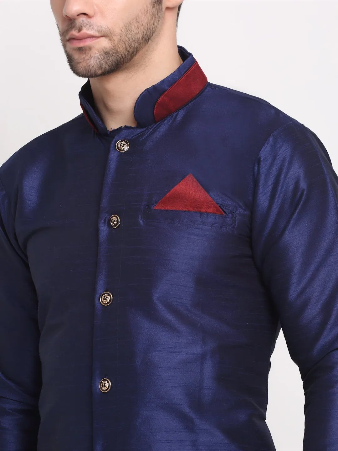 Men's Navy Blue Solid Kurta With Maroon Dhoti Pant - Benstoke