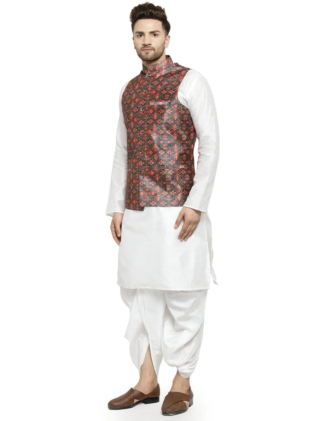 Men's White Kurta With Dhoti & Dark Green Printed Nehru Jacket - Benstoke