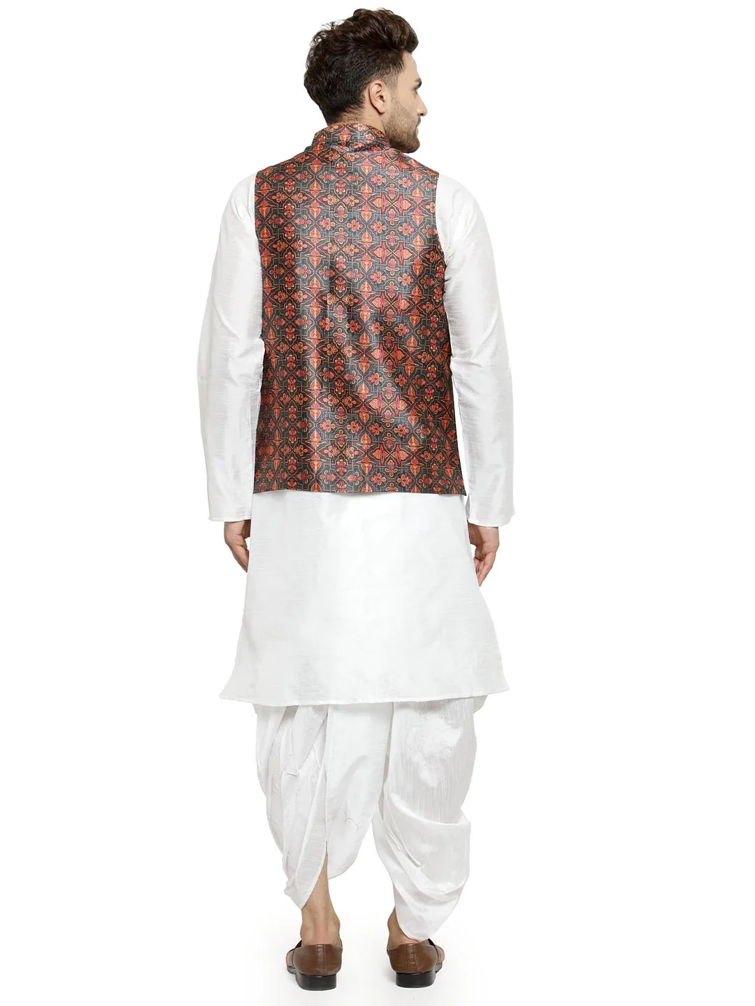 Men's White Kurta With Dhoti & Dark Green Printed Nehru Jacket - Benstoke