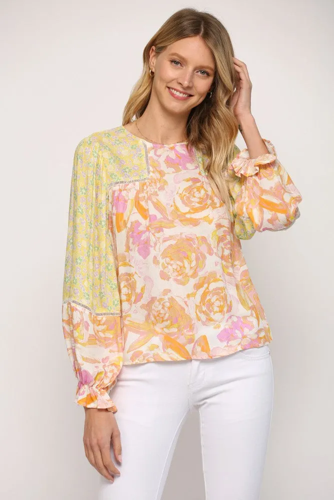 Mixed Print Lace Peasant Top