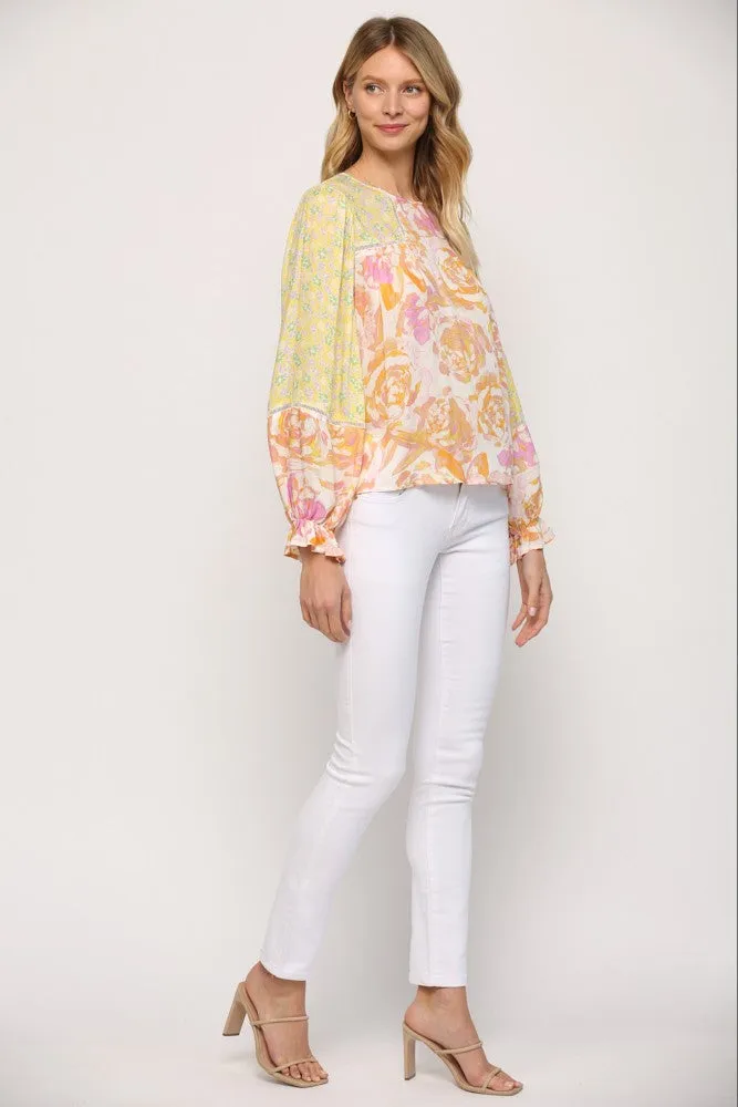 Mixed Print Lace Peasant Top